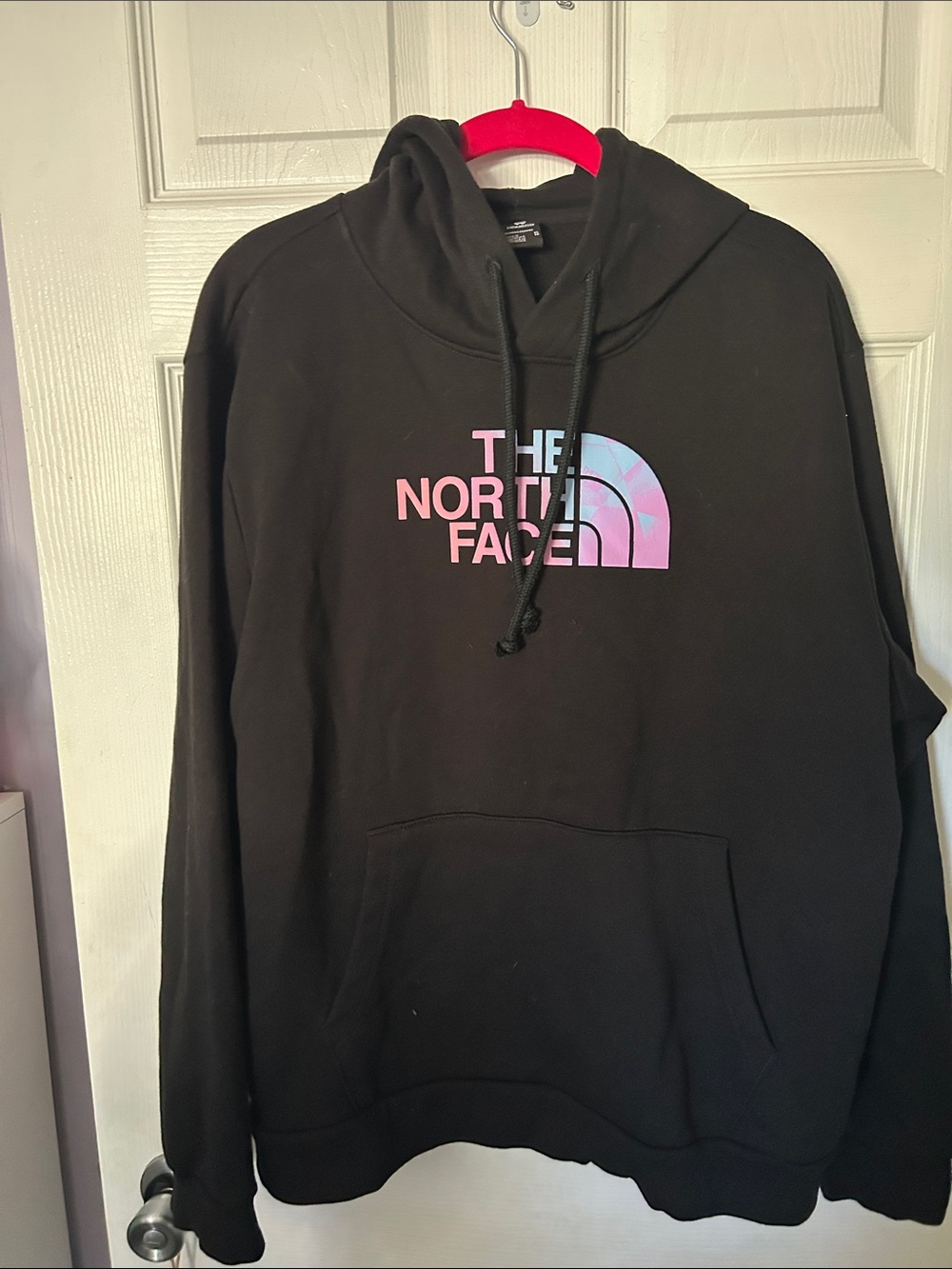 The North Face Women Black Crewneck Hoodie with Pink & Light Blue Logo